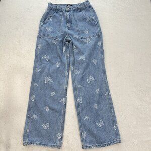 SIMPLE SOCIETY Jeans Wide Leg Baggy Butterflies Y2K Womens 5 / 27 Hi Rise Blue